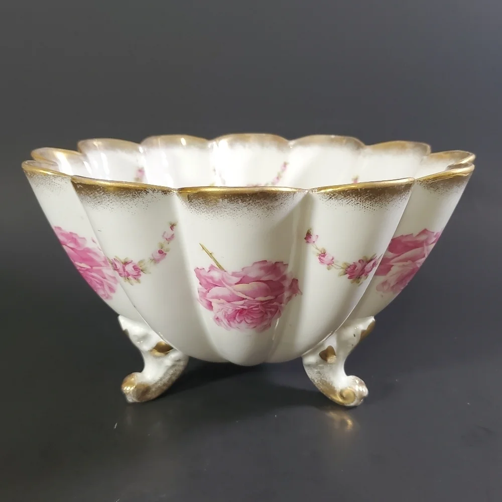 Kuna Steinmann Bridal Rose Footed Pedestal Bowl Gold Trim Germany Vintage